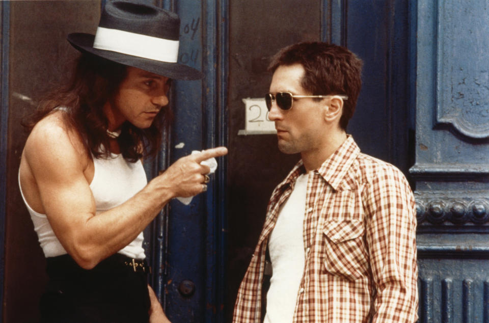 American actors Harvey Keitel and Robert de Niro on the set of Taxi Driver, directed by Martin Scorsese. (Photo by Sunset Boulevard/Corbis via Getty Images)