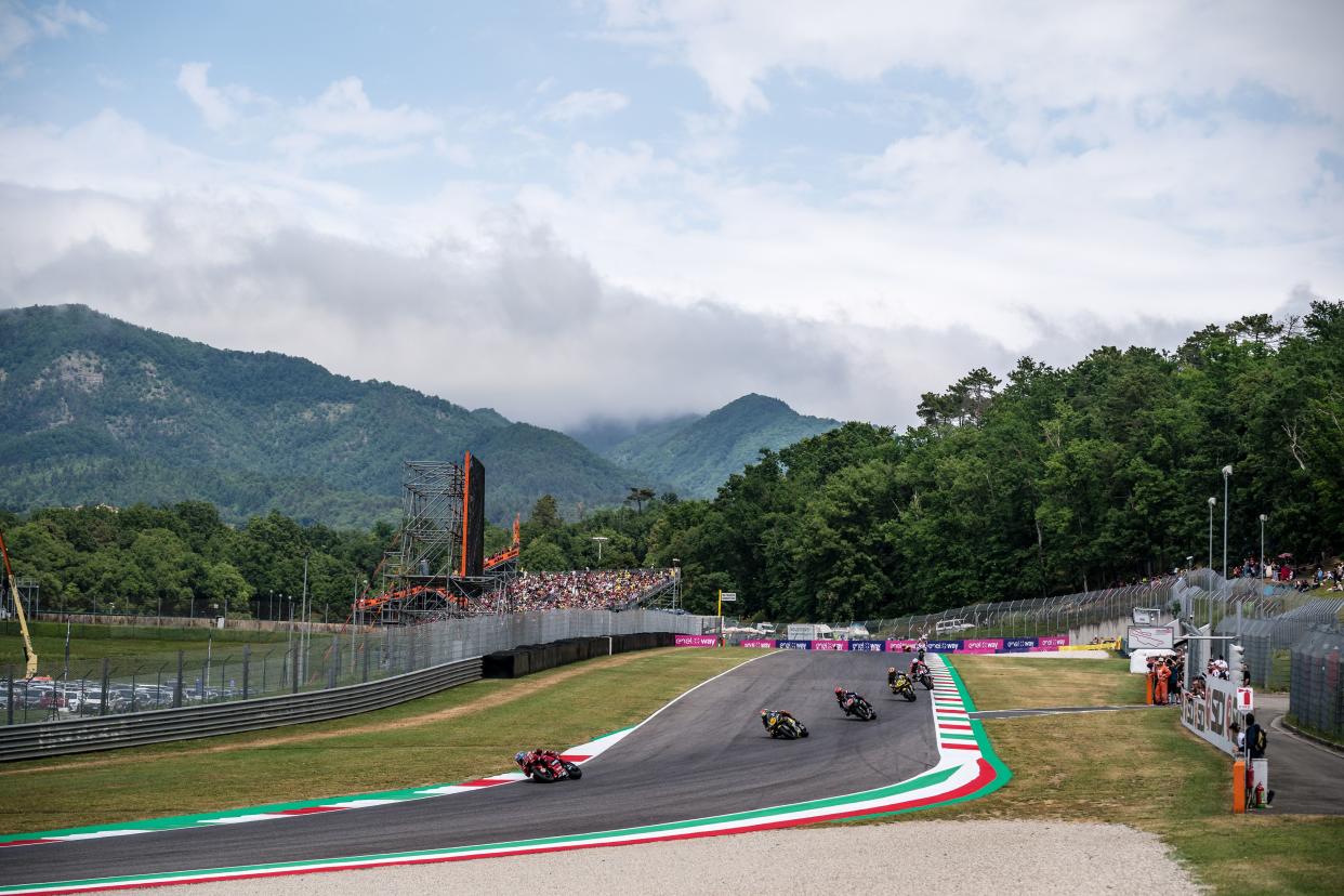 Francesco Bagnaia of Italy and Ducati Lenovo Team leads the race during the race of the MotoGP Gran Premio d’Italia Oakley at Mugello Circuit on May 29, 2022 in Scarperia, Italy.