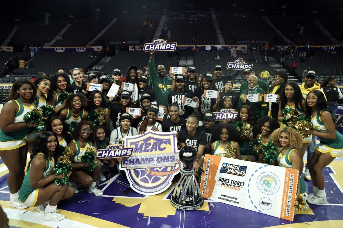 NORFOLK, VIRGINIA – MARCH 11: The Norfolk State Spartans pose for a team photo after defeating the Howard Lady Bison to win the 2023 MEAC Women’s Basketball Tournament Semifinals at Norfolk Scope Arena on March 11, 2023 in Norfolk, Virginia. (Photo by Tim Nwachukwu/Getty Images)