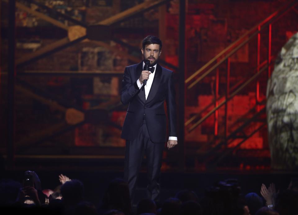 Presenter Jack Whitehall on stage at the Brit Awards 2020 in London, Tuesday, Feb. 18, 2020. (Photo by Joel C Ryan/Invision/AP)