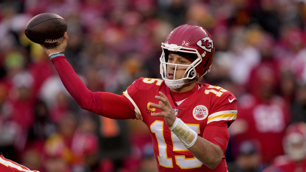 Kansas City Chiefs quarterback Patrick Mahomes throws during the first half of an NFL divisional round playoff football game against the Jacksonville Jaguars, Saturday, Jan. 21, 2023, in Kansas City, Mo. (AP Photo/Charlie Riedel)