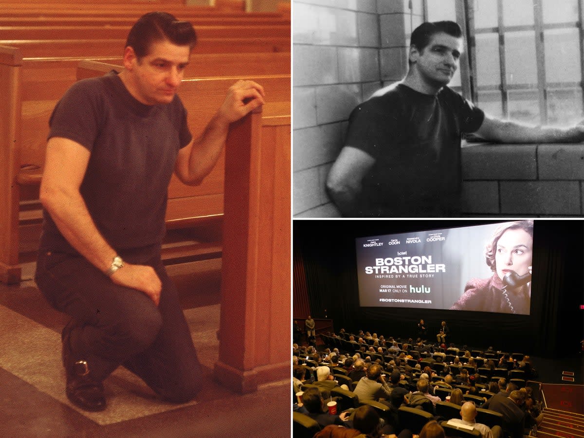 Left: Albert DeSalvo prays in the chapel at Walpole State Prison, South Walpole, Massachusetts, early 1970s; top right: DeSalvo stands in jail for charges unrelated to the Boston stranglings, in an undated photo; bottom right: Matt Ruskin and Dick Lehr participate in a Q&A during the Boston Strangler screening at AMC Boston Commons on 13 March 2023 in Boston, Massachusetts   (Left: Hulton Archive/Getty Images; top right: Getty Images; bottom right: Scott Eisen/Getty Images for Twentieth Century Studios)