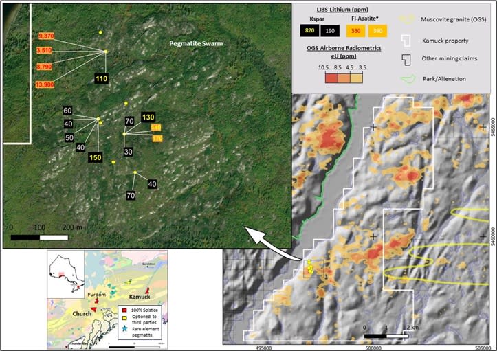 Kamuck Property, showing eU responses and individual samples on prospected areas identified by aerial imagery