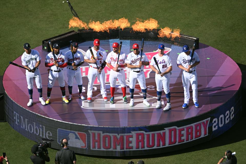 View of the eight players competing in the 2022 Home Run Derby at Dodgers Stadium, July 18, 2022, in Los Angeles. Jose Ramirez of the Guardians is third from left.