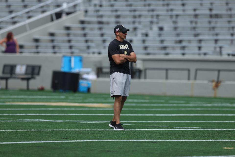 Army head coach Jeff Monken follows the scrimmage action on Saturday at Michie Stadium.