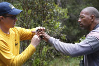 This image released by National Geographic shows avian technician Bret Nainoa Mossman, left, handing a Hawaiian forest bird to Christian Cooper at the Pu'u Maka'ala Natural Area Reserve during the filming of “Extraordinary Birder with Christian Cooper." (Troy Christopher/National Geographic via AP)