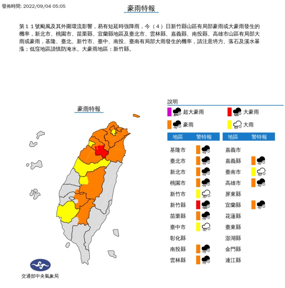  氣象局於今早5點5分針對14縣市發布豪大雨特報。   圖/中央氣象局