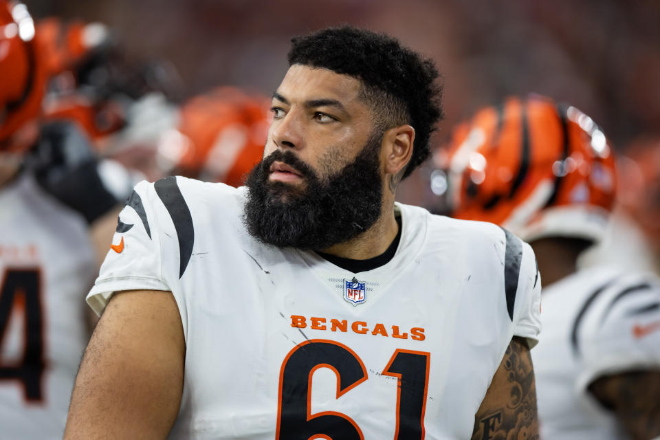 Oct 8, 2023; Glendale, Arizona, USA; Cincinnati Bengals offensive tackle Cody Ford (61) against the Arizona Cardinals at State Farm Stadium. Mandatory Credit: Mark J. Rebilas-USA TODAY Sports