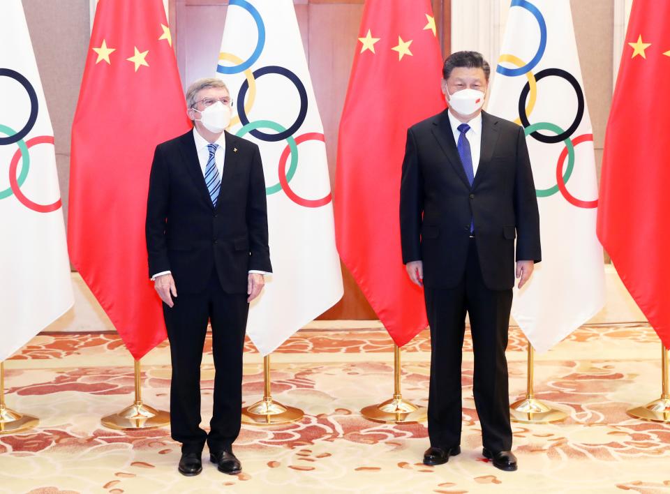 Chinese President Xi Jinping meets with President of the International Olympic Committee IOC Thomas Bach at the Diaoyutai State Guesthouse in Beijing, capital of China, Jan. 25, 2022. (Photo by Yao Dawei/Xinhua via Getty Images)