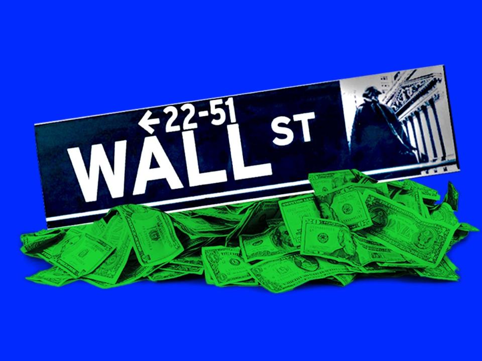 Wall Street sign surrounded by a pile of cash