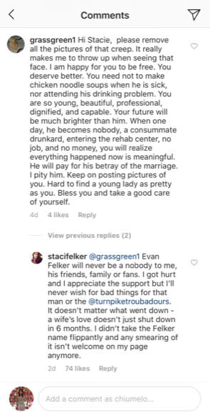 Staci Felker's Instagram comment defending her ex-husband Evan.