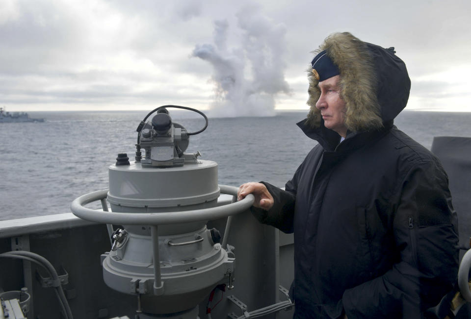 Russian President Vladimir Putin watches a navy exercise from the Marshal Ustinov missile cruiser in the Black Sea in , Crimea, Thursday, Jan. 9, 2020. The drills involved warships and aircraft that launched missiles at practice targets. (Alexei Druzhinin, Sputnik, Kremlin Pool Photo via AP)