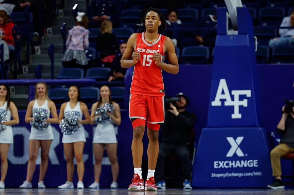 New Mexico Lobos forward JT Toppin (15) in the second half against the Air Force Falcons at Clune Arena in Colorado Springs, Colorado, on Jan. 20, 2024.