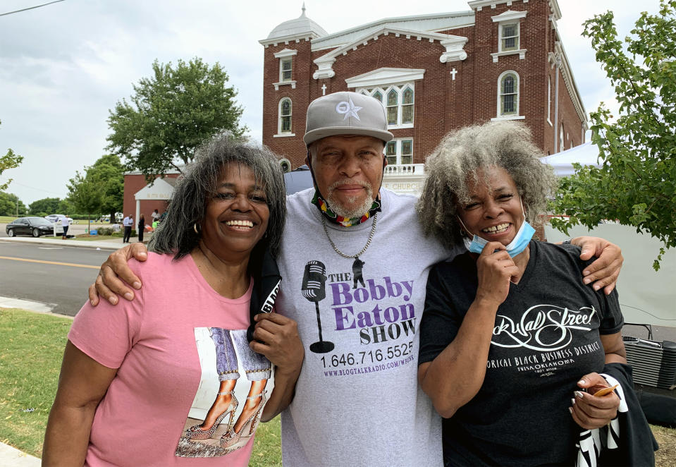 Valerie Saddler, 65, Bobby Eaton, 66 and Vanessa Saddler, 65, in Tulsa, Oklahoma, celebrate Juneteenth. (Suzanne Gamboa / NBC News)