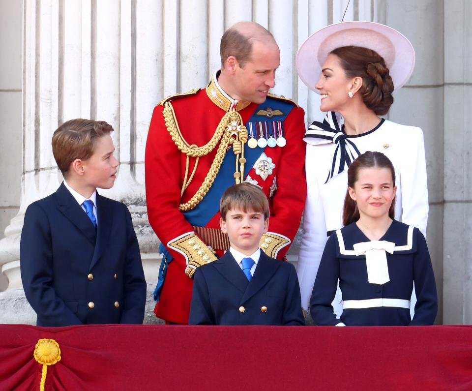 london, england june 15 l r prince george of wales, prince william, prince of wales, prince louis of wales, catherine, princess of wales and princess charlotte of wales on the balcony during trooping the colour at buckingham palace on june 15, 2024 in london, england trooping the colour is a ceremonial parade celebrating the official birthday of the british monarch the event features over 1,400 soldiers and officers, accompanied by 200 horses more than 400 musicians from ten different bands and corps of drums march and perform in perfect harmony photo by chris jacksongetty images