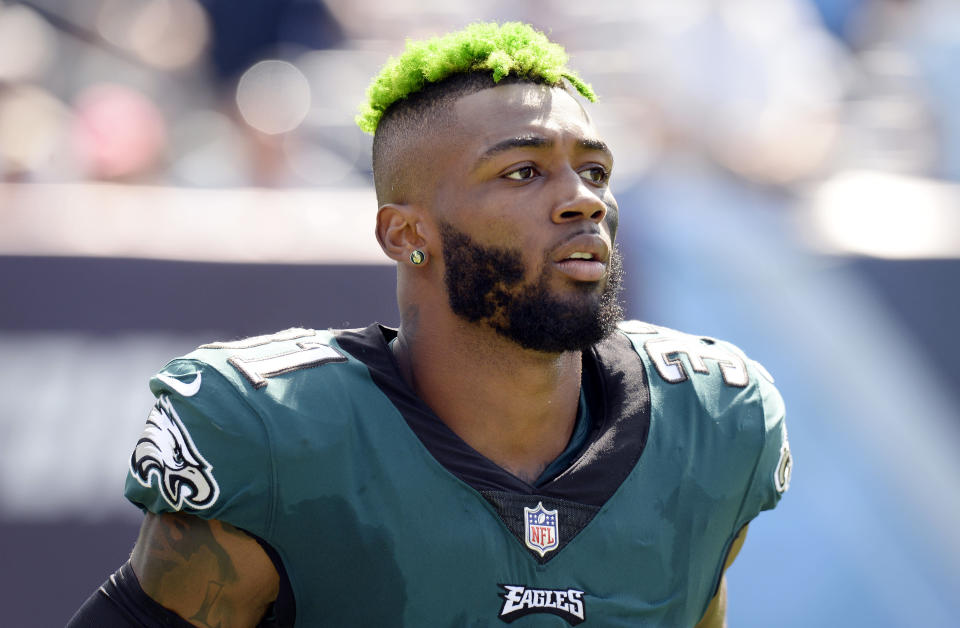 FILE - In this Sept. 30, 2018, file photo, Philadelphia Eagles defensive back Jalen Mills walks on the sideline during the second half of an NFL football game against the Tennessee Titans in Nashville, Tenn. Police said Saturday, April 13, 2019,  Philadelphia Eagles cornerback Jalen Mills and Washington Wizards forward Devin Robinson were arrested after a fight near a club in Washington. (AP Photo/Mark Zaleski, File)