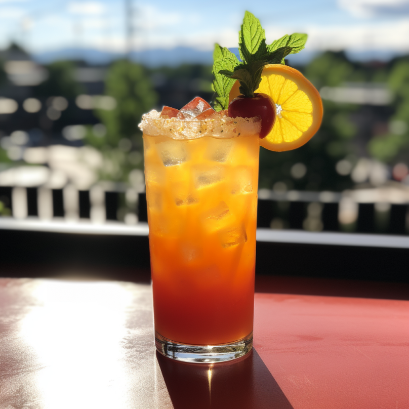 An AI generated image of the drink "Smoky Tennessee Sunrise" from Midjourney in collaboration with Fashion Nova.