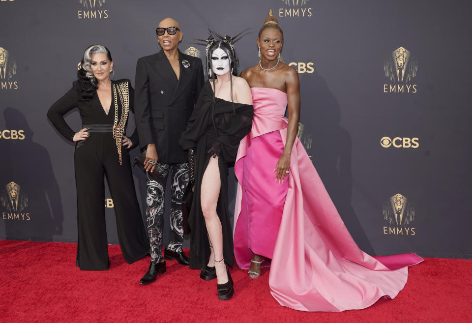Michelle Visage, from left, RuPaul, Gottmik and Symone arrive at the 73rd Primetime Emmy Awards on Sunday, Sept. 19, 2021, at L.A. Live in Los Angeles. (AP Photo/Chris Pizzello)