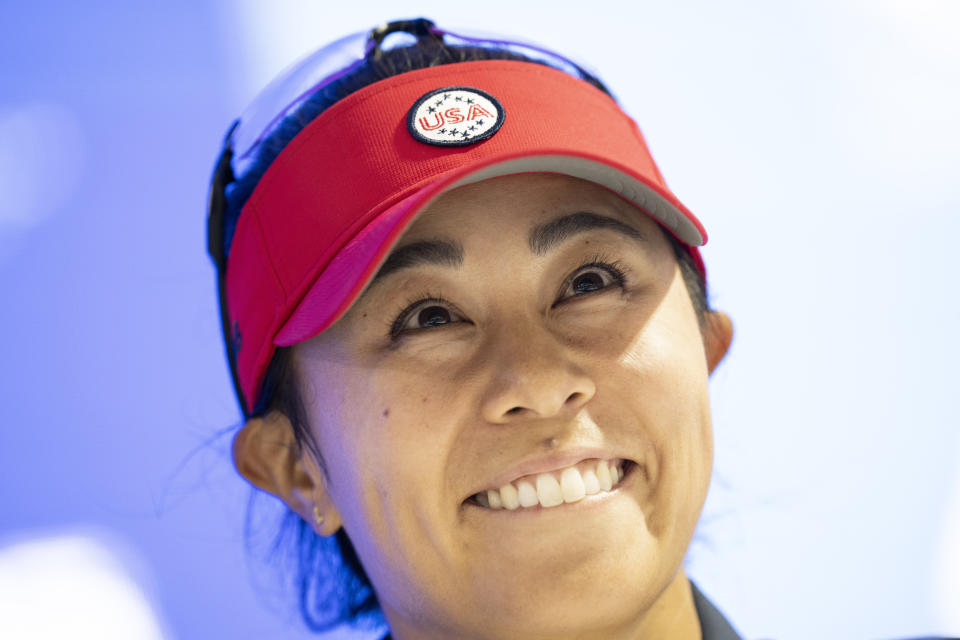 Solheim Cup team US golfer Danielle Kang attends a press conference at Finca Cortesin, near Estepona, southern Spain, on Tuesday, Sept. 19, 2023. (AP Photo/Bernat Armangue)