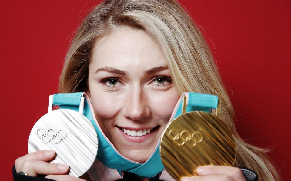 Mikaela Shiffrin of the United States poses for a portrait with her two medals, Gold in Giant Slalom and Silver in Alpine Combined on the Today Show Set on February 22, 2018 in Gangneung, South Korea
