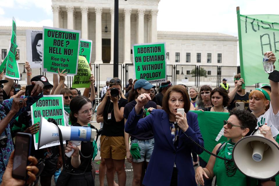 Sen. Catherine Cortez Masto, D-Nev., speaks to abortion rights activists after the announcement to the Dobbs v Jackson Women's Health Organization ruling in front of the U.S. Supreme Court on June 24, 2022 in Washington, DC. The Court's decision in Dobbs v Jackson Women's Health overturns Roe v Wade.