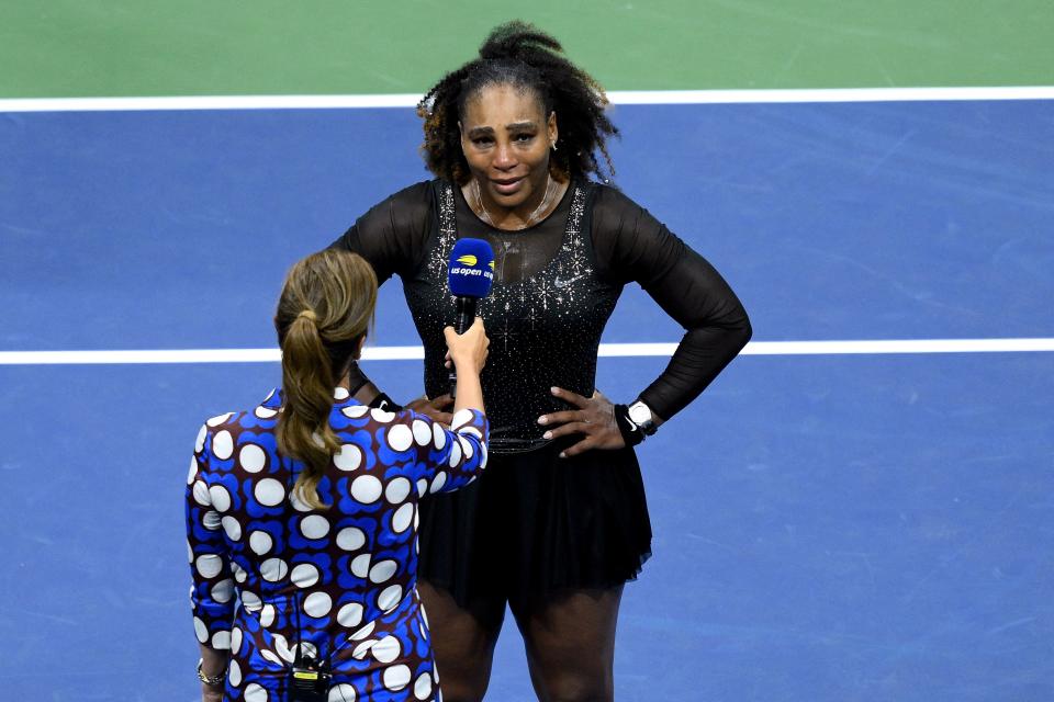 Seen here, An emotional Serena Williams addressing family and friends after her glittering career came to an end at the US Open. 