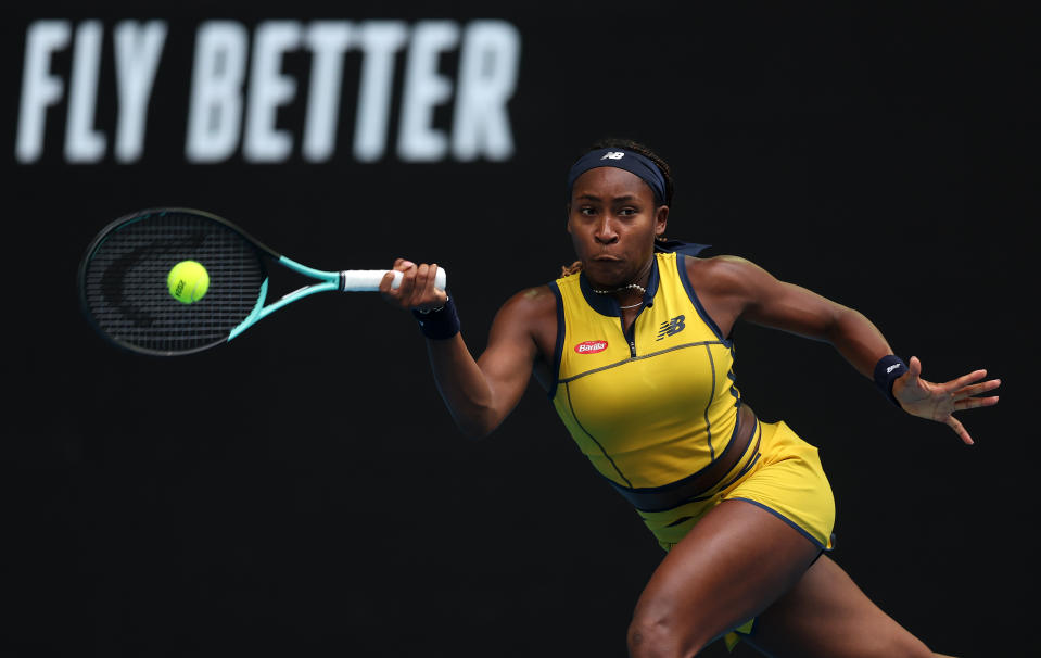 MELBOURNE, AUSTRALIA - JANUARY 21: Coco Gauff of the United States in action in their round four singles match against Magdalena Frech of Poland during the 2024 Australian Open at Melbourne Park on January 21, 2024 in Melbourne, Australia. (Photo by Julian Finney/Getty Images)