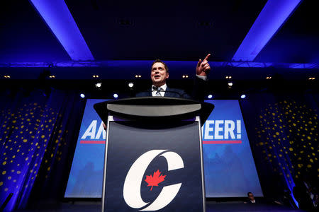 Andrew Scheer speaks after winning the leadership at the Conservative Party of Canada leadership convention in Toronto, Ontario, Canada, May 27, 2017. REUTERS/Mark Blinch