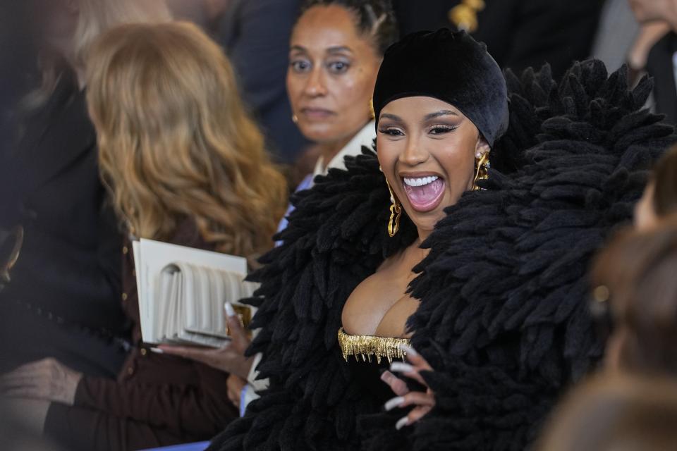 Cardi B attends the Schiaparelli Haute Couture Fall/Winter 2023-2024 fashion collection presented in Paris, Monday, July 3, 2023. (AP Photo/Michel Euler)