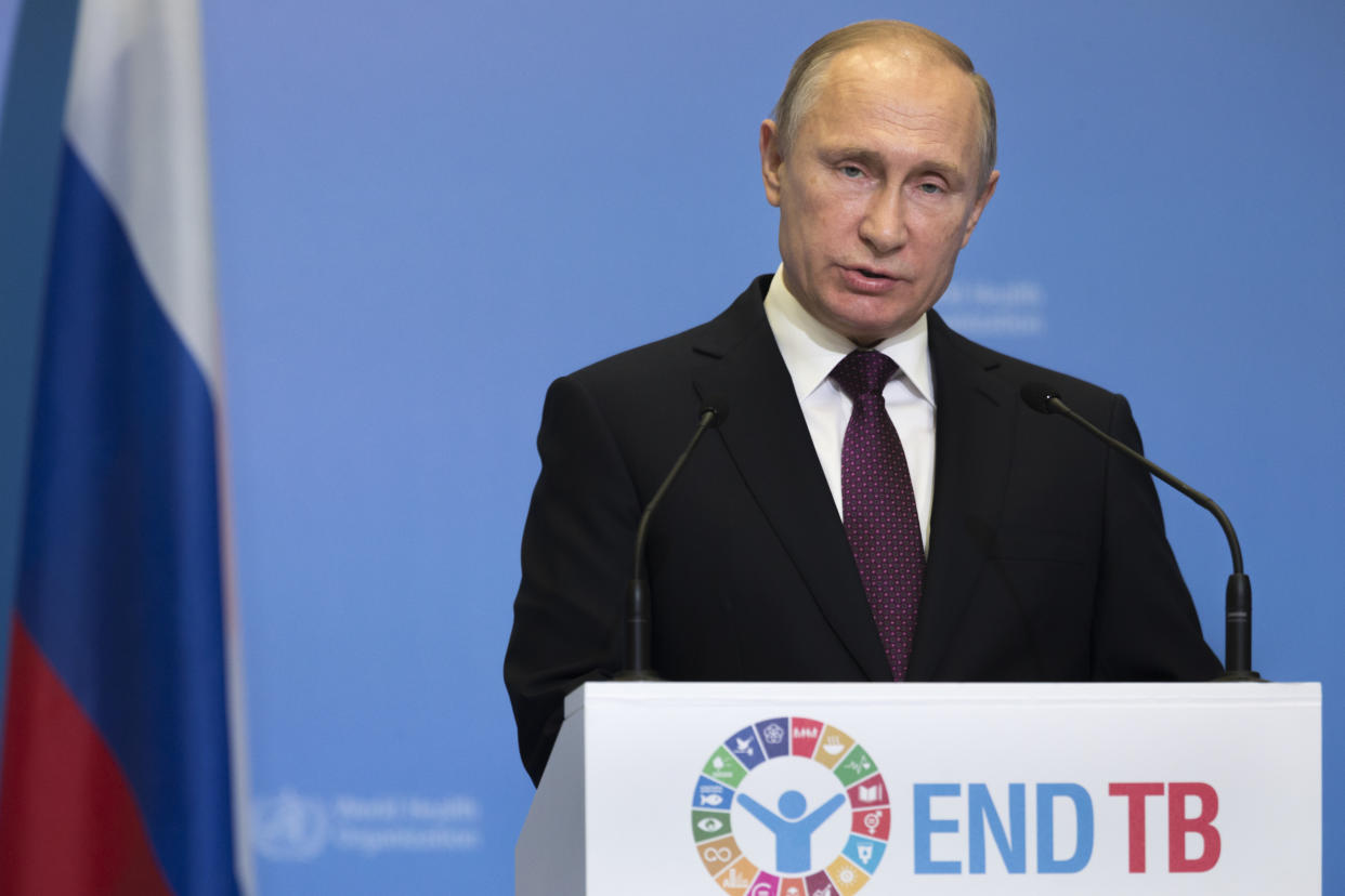 Russian President Vladimir Putin speaks&nbsp;Thursday before the Global Ministerial Conference held by the World Health Organization in Moscow. The conference this year was dedicated to the tuberculosis epidemic. (Photo: Ivan Sekretarev/Pool Photo via Reuters)