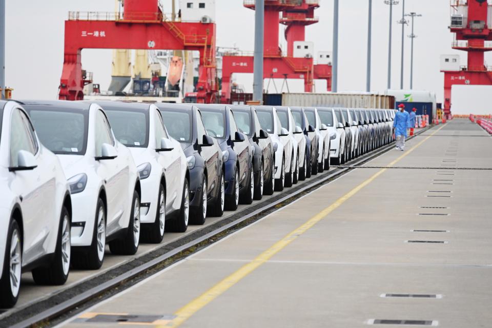 Tesla cars wait to be exported to Belgium on May 15 2022.