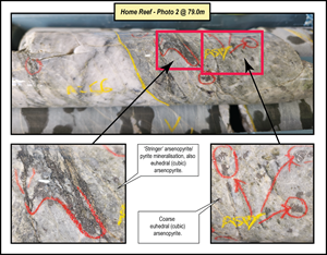 Intense silica replacement of host rock with stringer style arsenopyrite/pyrite and course euhedral arsenopyrite mineralisation that can carry gold mineralization  (photo 2).