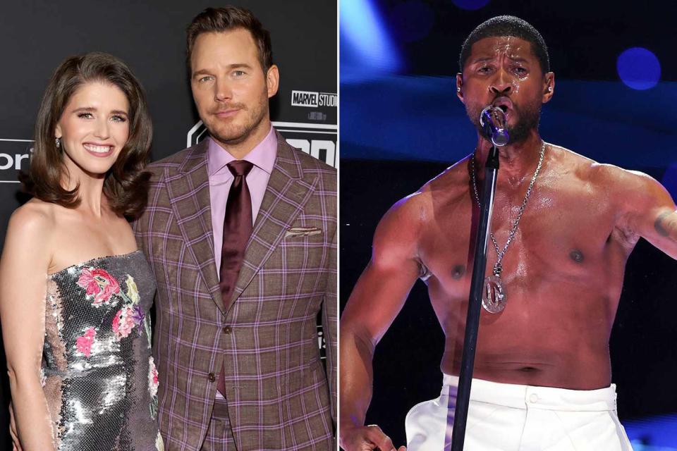 <p>Jesse Grant/Getty; Jamie Squire/Getty </p> Katherine Schwarzenegger and Chris Pratt in Hollywood, California, on April 27, 2023; Usher performing in the 2024 Super Bowl Halftime Show in Las Vegas on Feb. 11, 2024