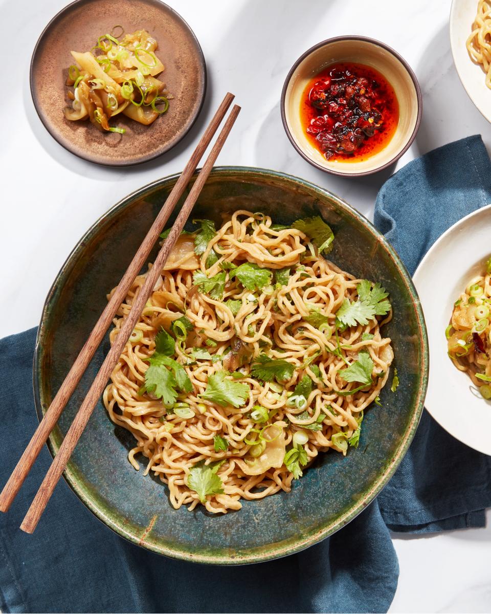 Lisa Chang&#x002019;s homemade bouncy alkaline noodles are dressed in a creamy sauce made with sesame paste and two different types of soy sauce.