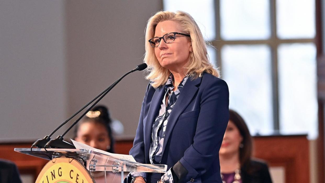 PHOTO: Former U.S. Representative from Wyoming (right) Liz Cheney speaks onstage during the Martin Luther King, Jr. Beloved Community 2024 memorial service at Ebenezer Baptist Church on January 15, 2024 in Atlanta. (Paras Griffin/Getty Images)