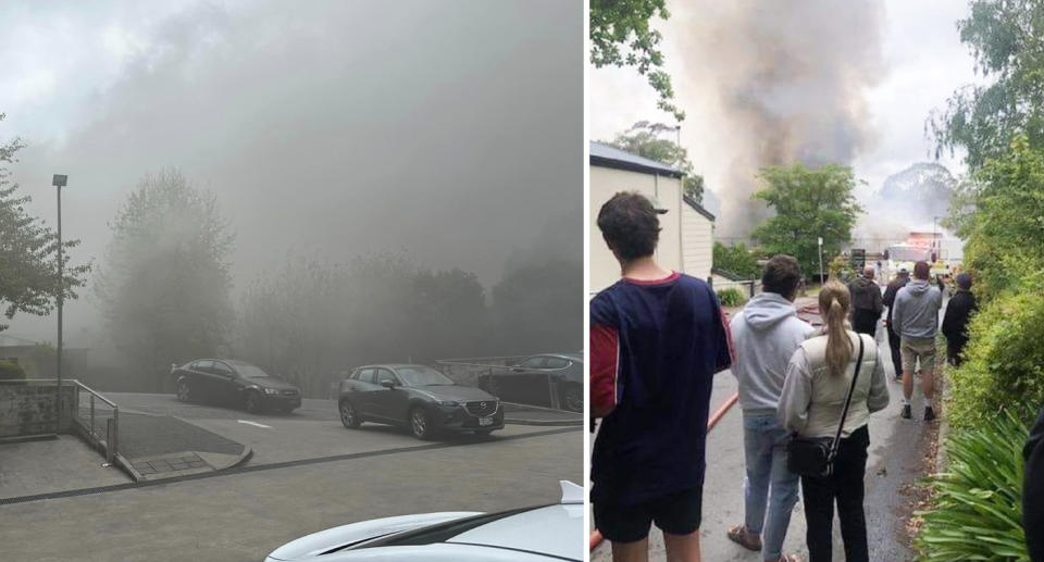 Shoppers watched the fire from the car park (right) with the area outside filled with smoke (left).