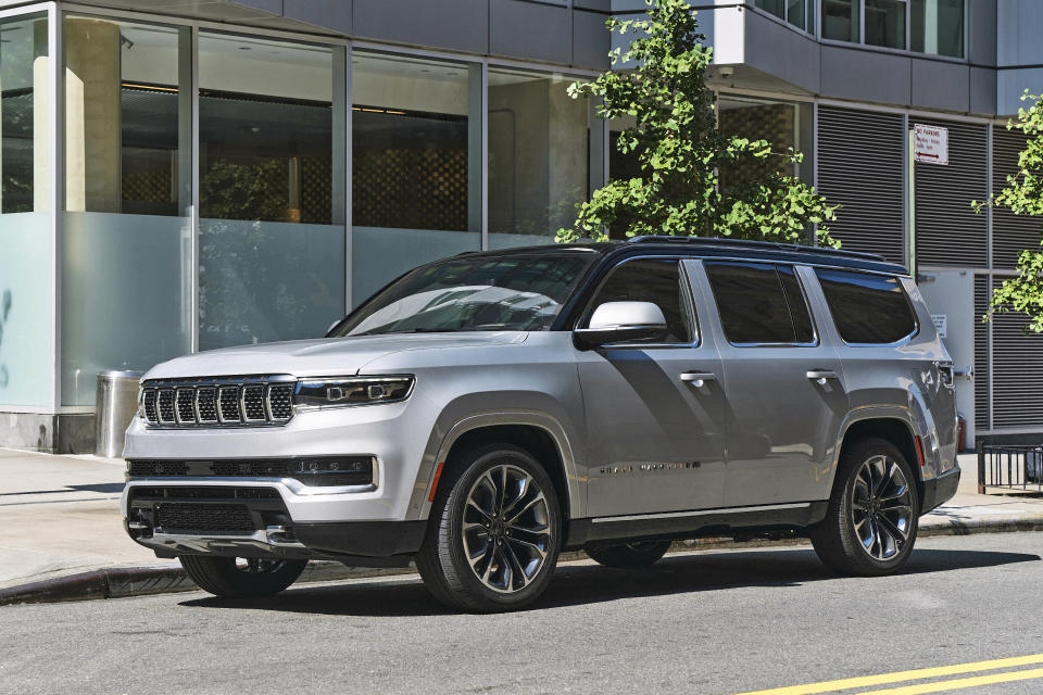 This photo provided by Stellantis shows the 2022 Jeep Grand Wagoneer. It is a large SUV that is the more luxurious version of the similarly sized and named Jeep Wagoneer. (Courtesy of Stellantis via AP)