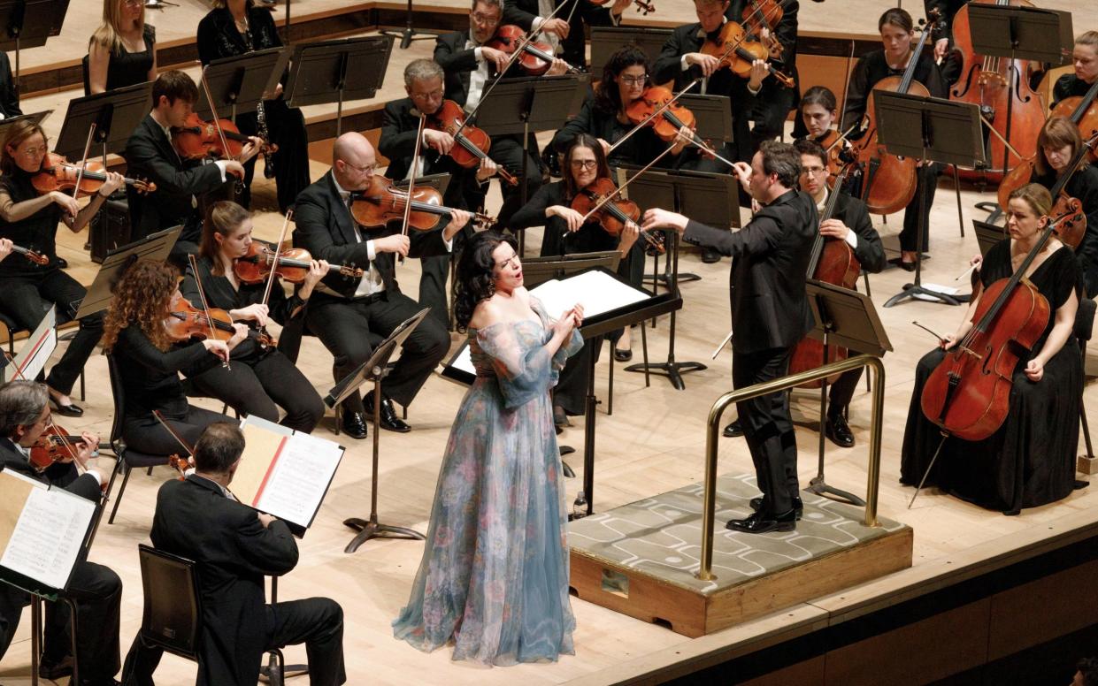 Angela Gheorghiu on stage with the London Philharmonic Orchestra