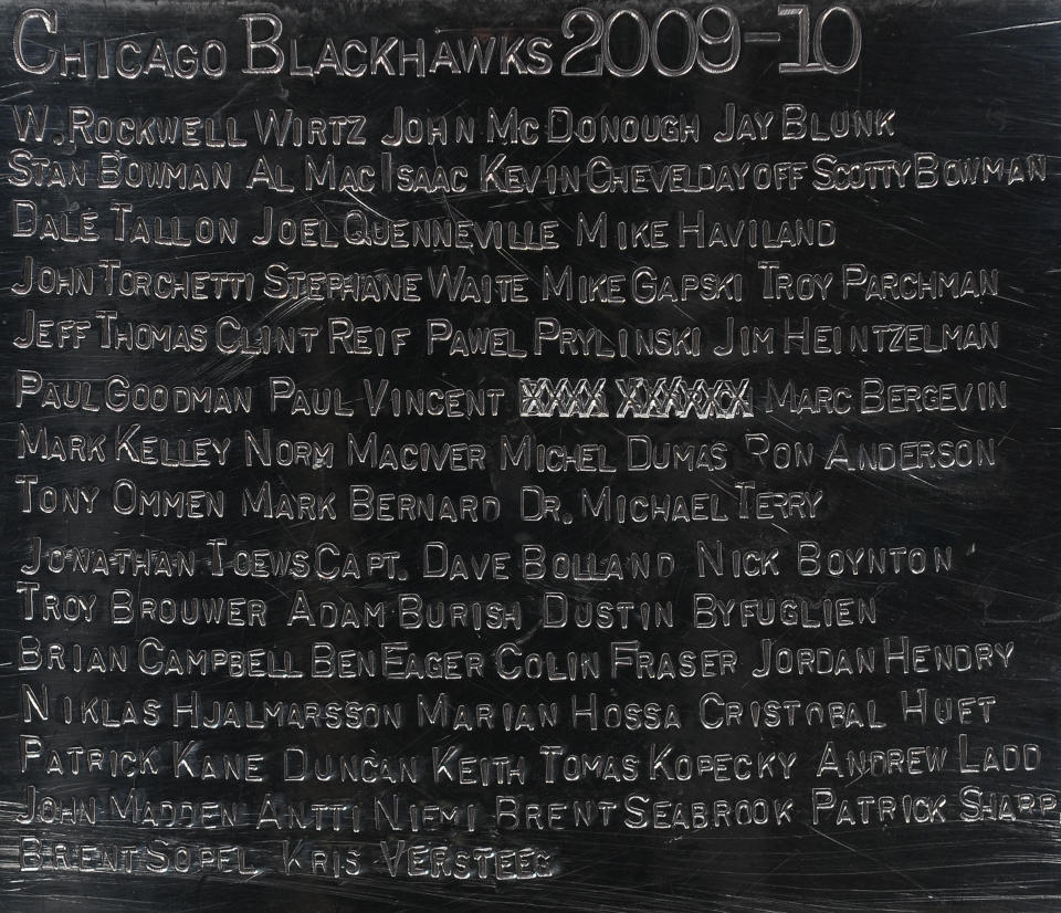 An updated photo of the 2009-10 Stanley Cup champion Chicago Blackhawks engraving.  / Credit: Photo by Steve Poirier/Hockey Hall of Fame