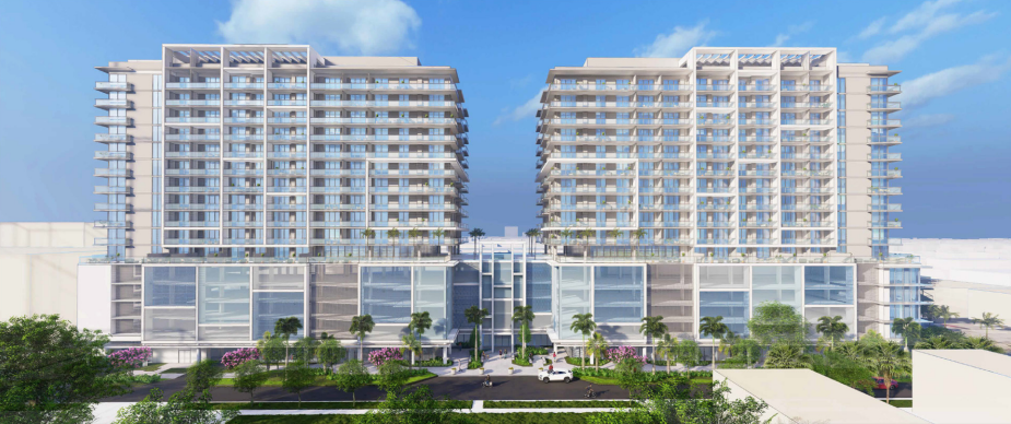 Proposed apartment complex in West Palm Beach by Savanna Fund of New York. The 369-unit complex would rise 16 stories in two towers at 1830 N. Dixie Highway, north of the downtown.