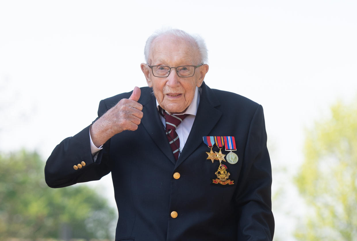 99-year-old war veteran Captain Tom Moore at his home in Marston Moretaine, Bedfordshire, after he achieved his goal of 100 laps of his garden - raising more than 12 million pounds for the NHS. (Photo by Joe Giddens/PA Images via Getty Images)