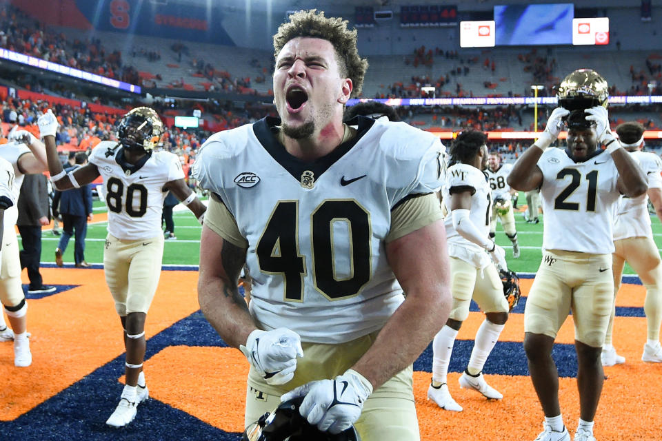 Oct. 9, 2021; Syracuse, New York; Wake Forest Demon Deacons defensive lineman Rondell Bothroyd (40) reacts following the game against the Syracuse Orange at the Carrier Dome. Rich Barnes-USA TODAY Sports