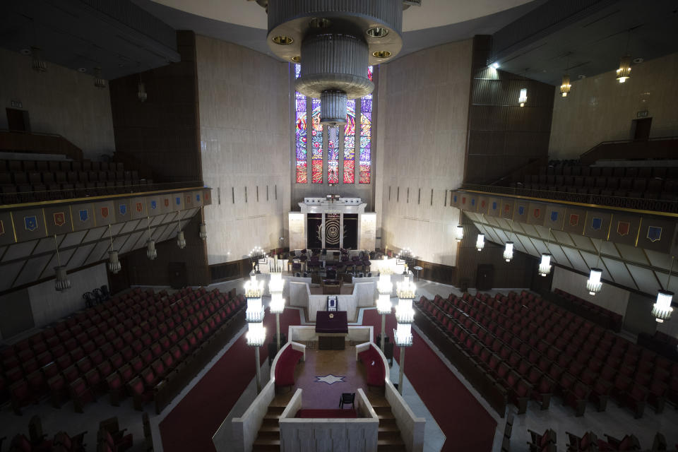 Jerusalem's great synagogue is seen in Jerusalem, Wednesday, Sept. 16, 2020. A raging coronavirus outbreak is casting a shadow over the normally festive Jewish New Year. With health officials recommending a nationwide lockdown, traditional family gatherings will be muted, synagogue prayers will be limited to small groups and roads will be empty. (AP Photo/Sebastian Scheiner)