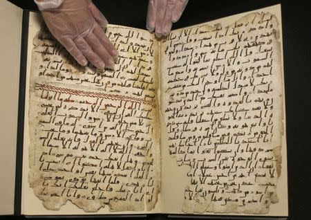 A fragment of a Koran manuscript is seen in the library at the University of Birmingham in Britain July 22, 2015. REUTERS/Peter Nicholls