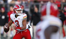 Maryland quarterback Taulia Tagovailoa (3) looks to pass against Rutgers during the second half of an NCAA football game, Saturday, Nov. 27, 2021, in Piscataway, N.J. Maryland won 40-16. (AP Photo/Noah K. Murray)