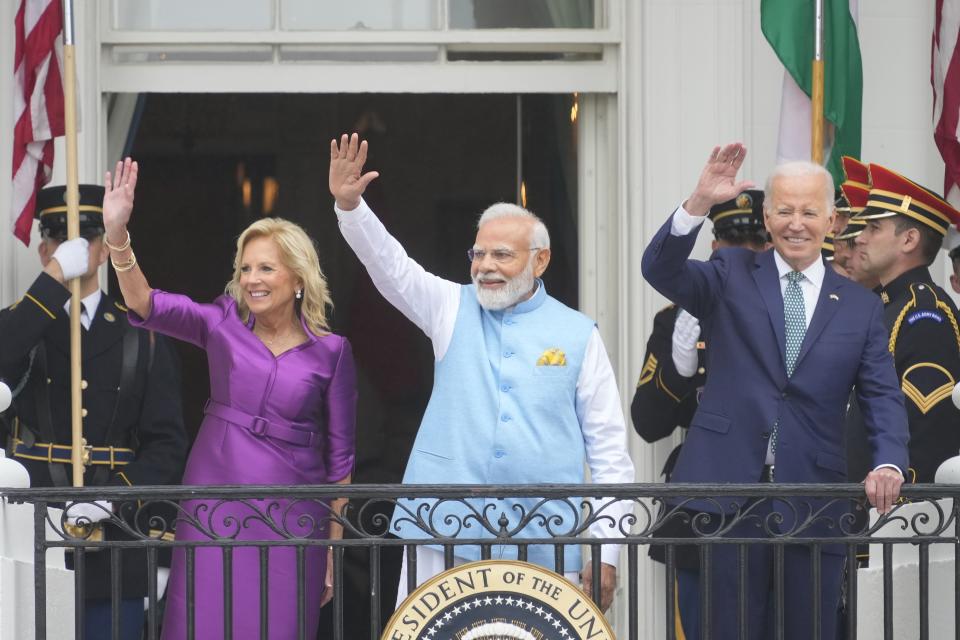 President Joe Biden and First Lady Jill Biden welcome Narendra Modi, the Prime Minister of India, during a state visit at the White House.