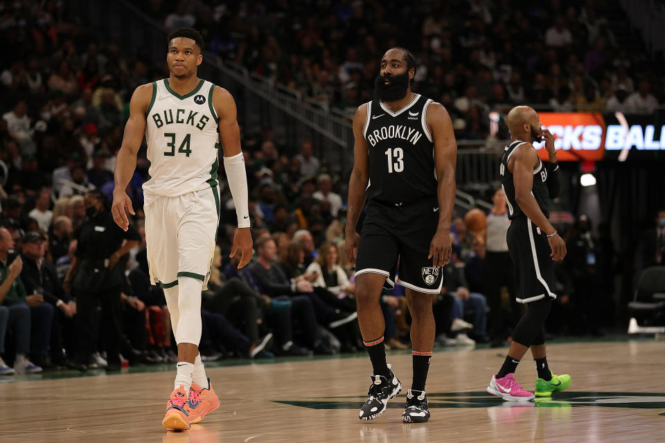 Giannis Antetokounmpo kept James Harden and the Brooklyn Nets on his heels in the NBA's season opener. (Stacy Revere/Getty Images)