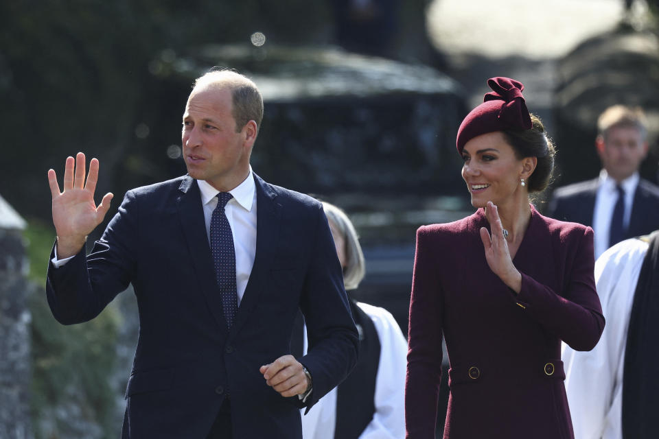 Britain's Prince William, Prince of Wales and Kate, Princess of Wales visit St Davids Cathedral, in St Davids, Wales, Friday Sept. 8, 2023, on the first anniversary of the death of Queen Elizabeth II. (Toby Melville/Pool via AP)