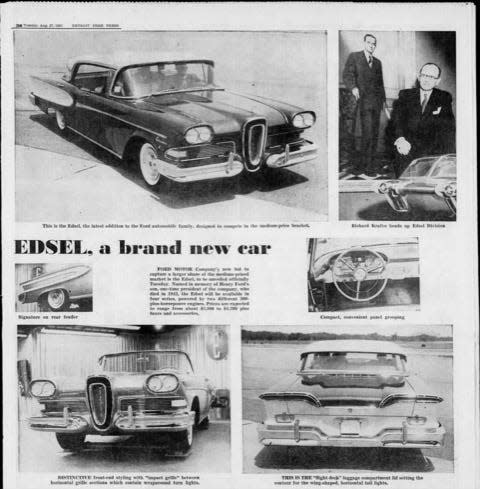 The Free Press back page from Aug. 27, 1957, introducing the ill-fated Edsel. The man in the photo at top right is Richard Krafve, Edsel Division manager, posing next to a portrait of Edsel Ford, the car’s namesake.