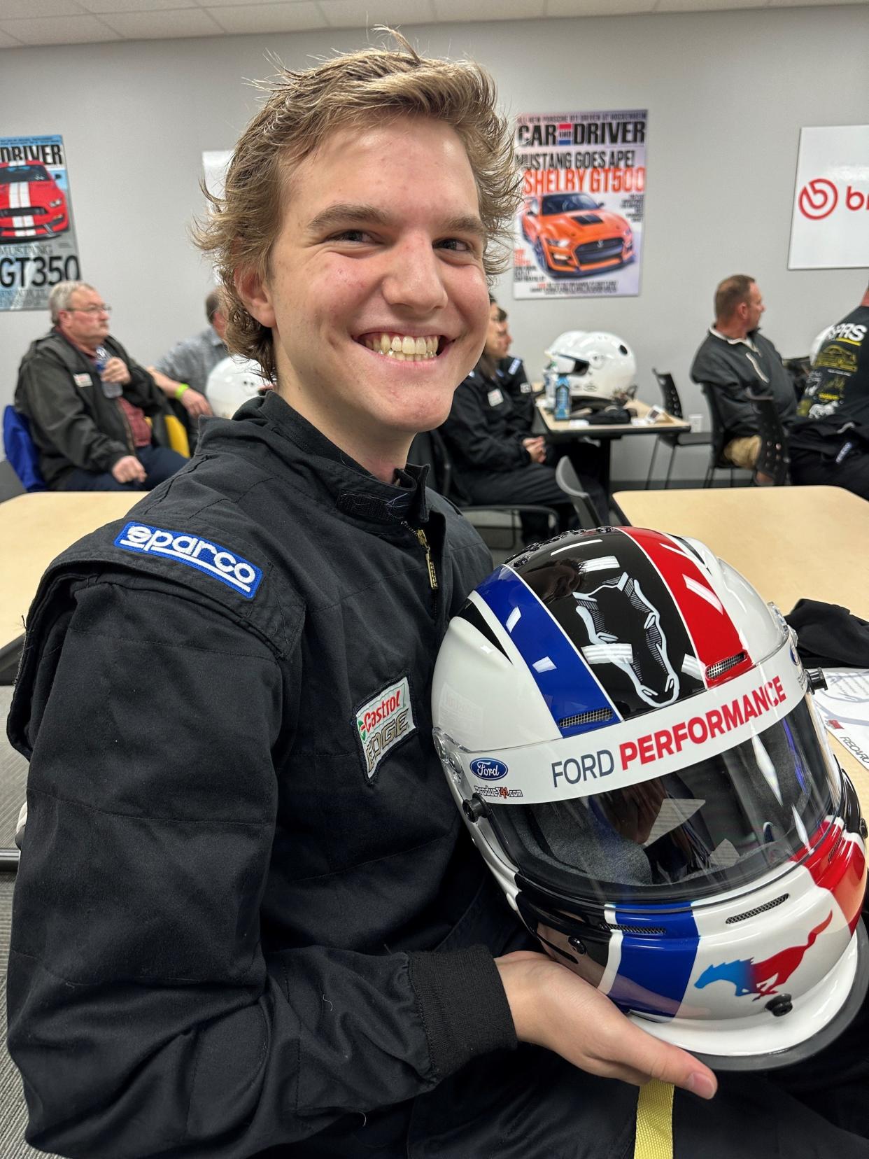 Joseph Tegerdine, 18, of Springville, Utah, is seen here at the Ford Performance Racing School in Charlotte, North Carolina, in April 2024. He is preparing to drive a 2024 Ford Mustang Dark Horse, an experience gifted by Ford CEO Jim Farley.